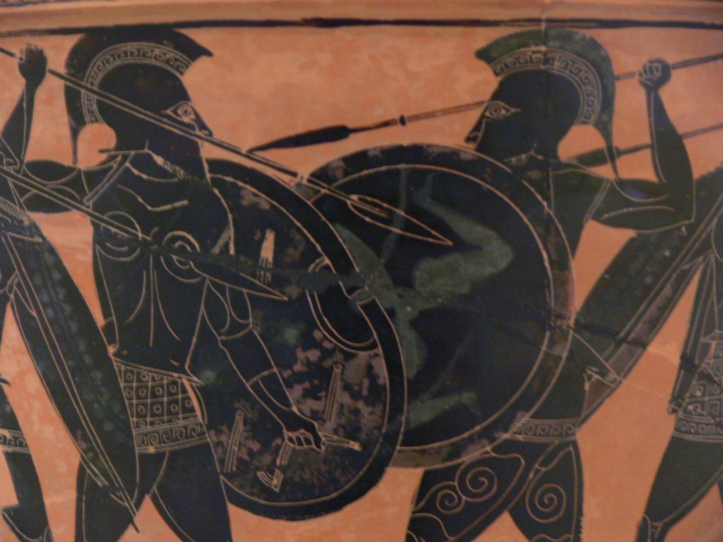 Hoplitenkampf, attische Lekythos, Mitte des 5. Jahrhunderts (Quelle: Wikipedia)